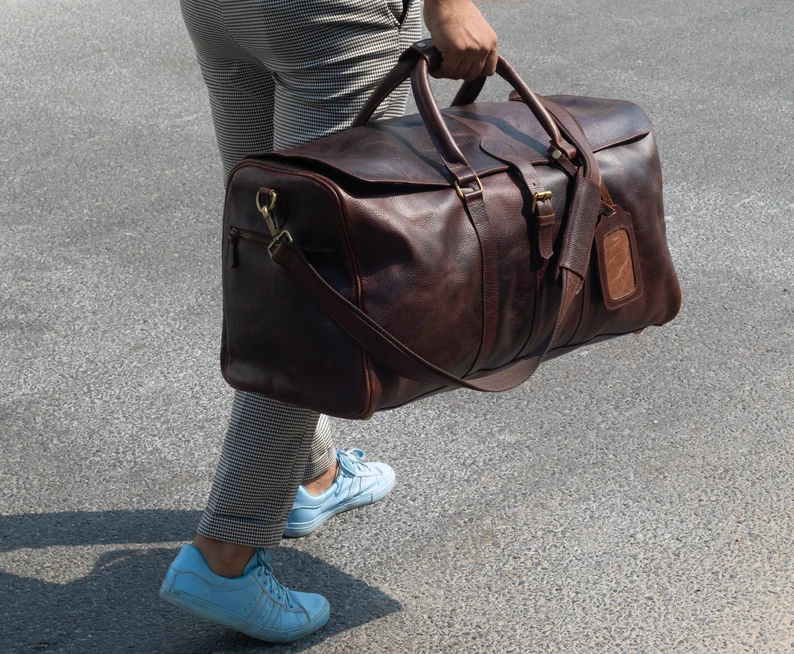 Personalized leather duffle bag men | Brown leather weekender travel holiday bag | Carry-on overnight leather bag | Custom gift for husband
