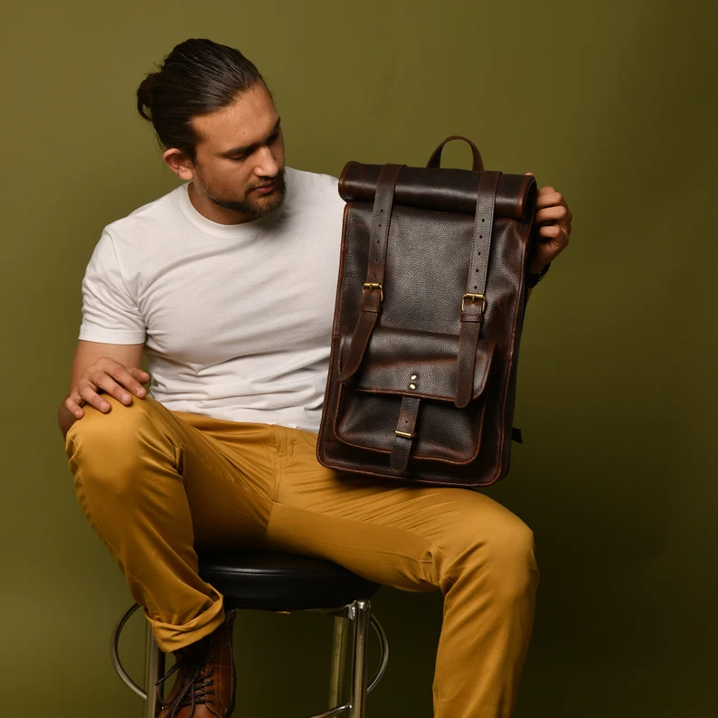 Personalized Leather Rolltop Backpack|Full Grain Leather Rolltop Rucksack Men|15