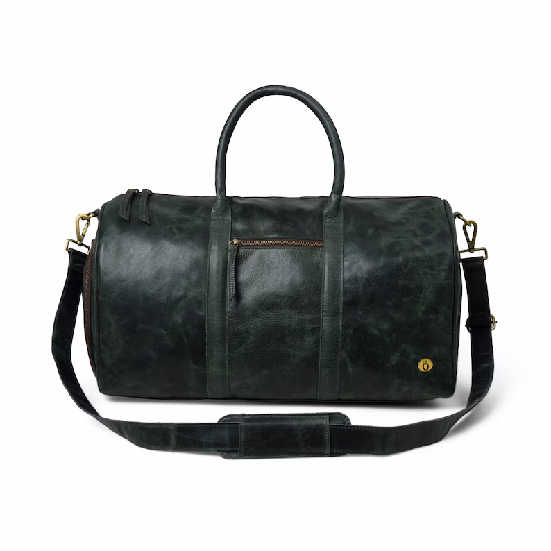 Leather Duffle Bag With Shoe Compartment|Green Leather Weekend Travel Bag Men|Overnight Carryon Bag|Personalised Christmas Gifts For Him