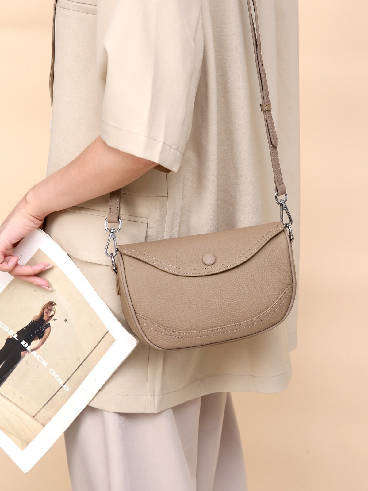 Women's Beige Half-Moon Crossbody Bag
